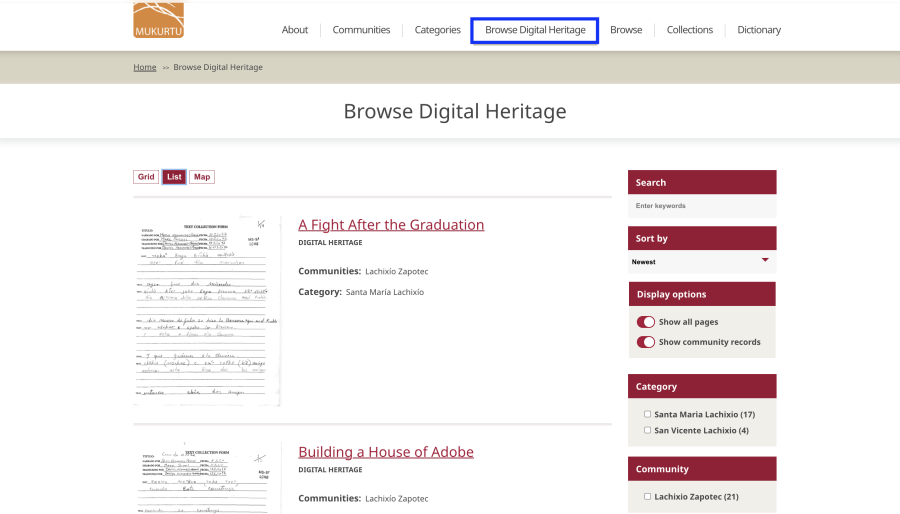 Browse Digital Heritage tab