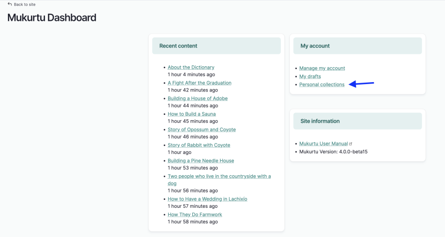 Personal collections link in the Dashboard