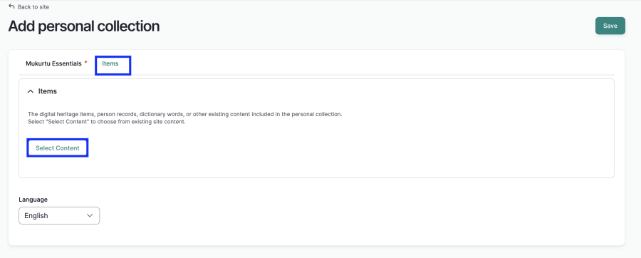 Items tab in Add Personal Collections form