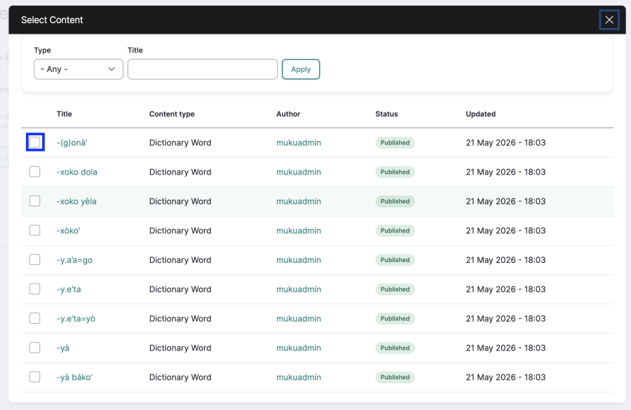 Select content screen for personal collections