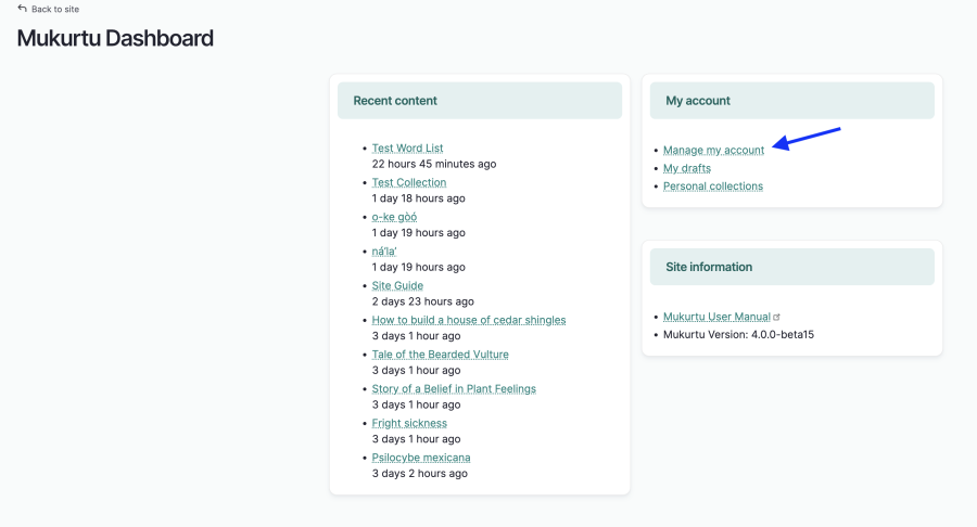 "Manage account" link in the Mukurtu Dashboard
