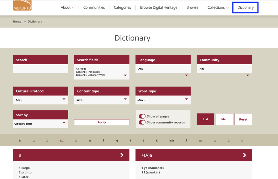 Dictionary tab